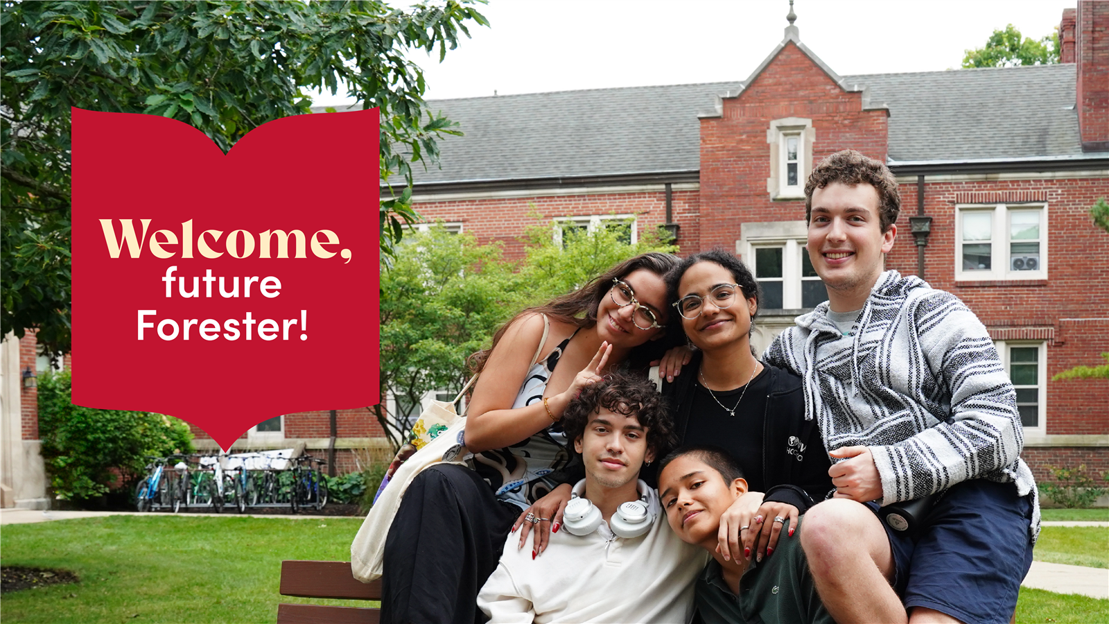 students on a bench with banner that reads welcome future foresters!