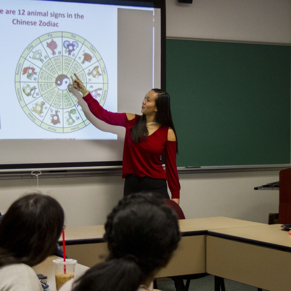 a student presenting in front of a graphic about chinese zodiac signs