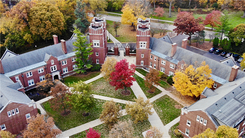 aerial view of harlan and blackstone (dorms) in the fall with colorful trees