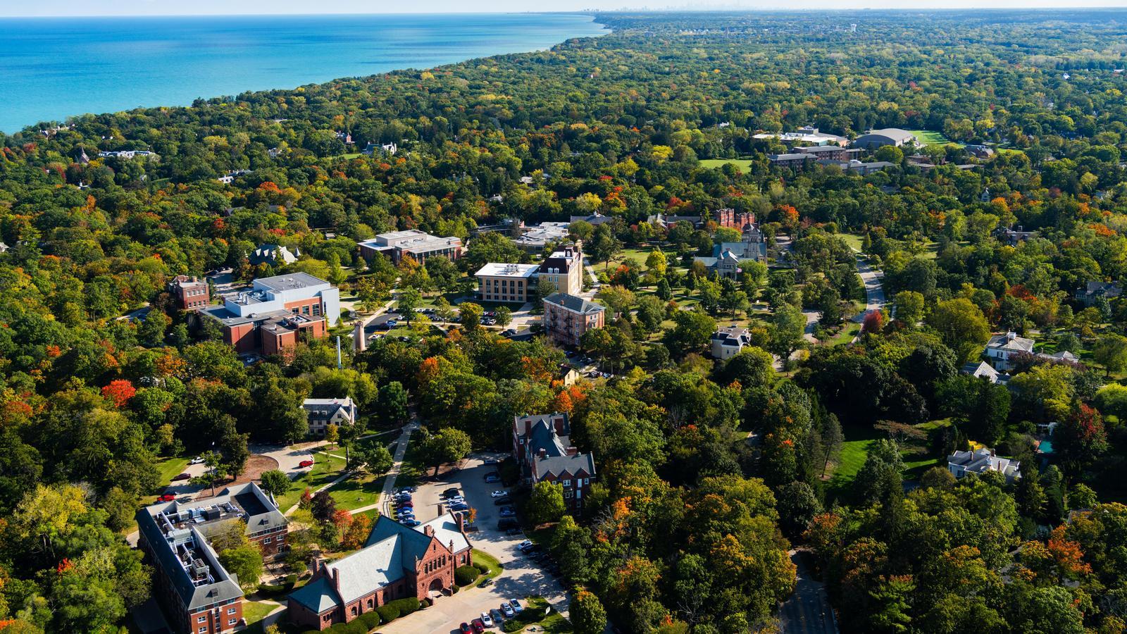 aerial view of Lake Forest College on Lake Michigan with Chicago in the distance