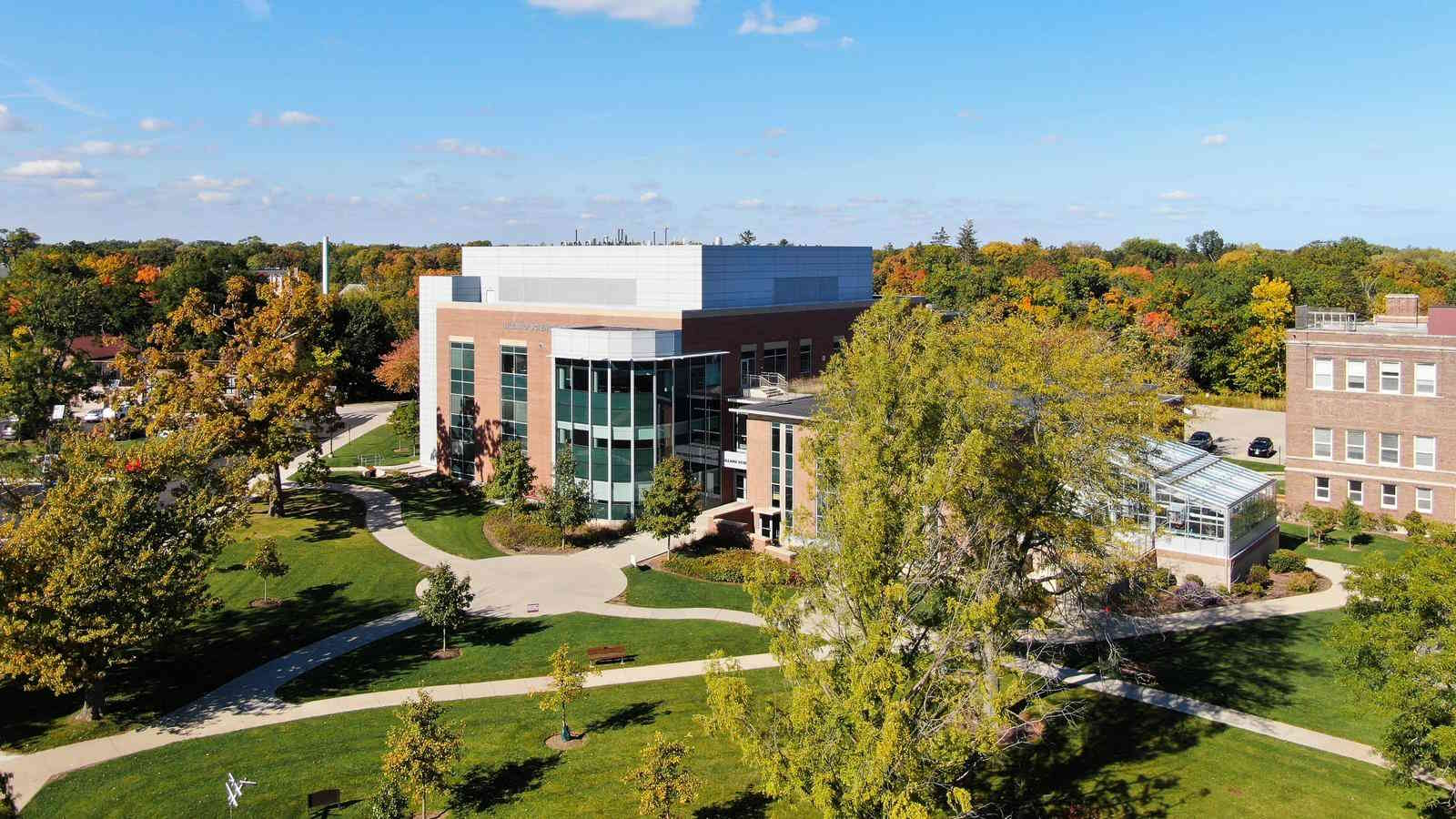 aerial view of lillard science center with the lake in the background