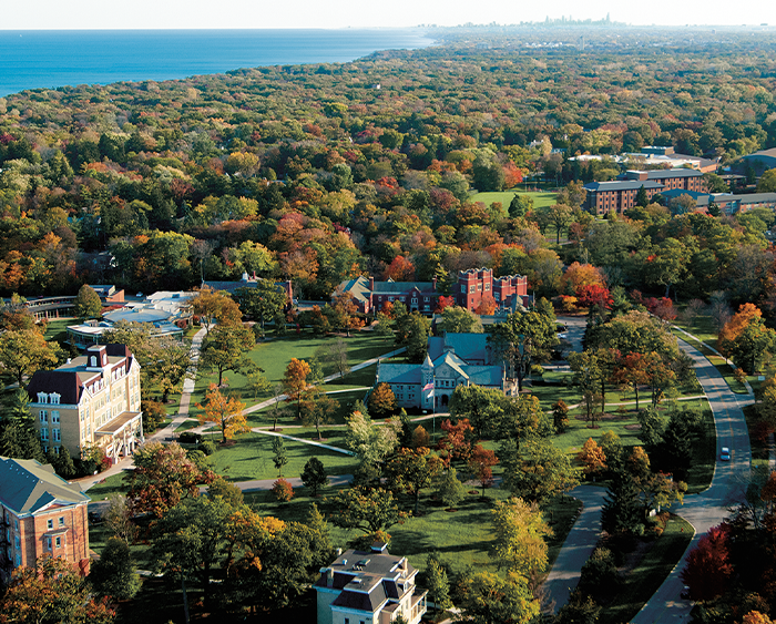 aerial view of Middle Campus with Lake Michigan on horizon