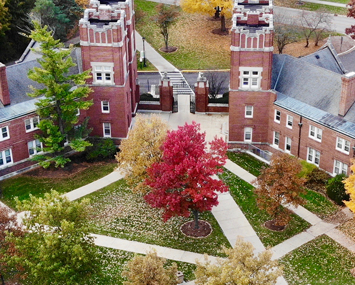 Drone shot of Blackstone and Harlan in fall