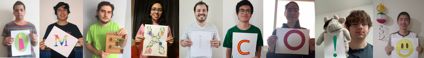 Zoom photo of math team coach and team members holding indiviual letters to spell Mexico