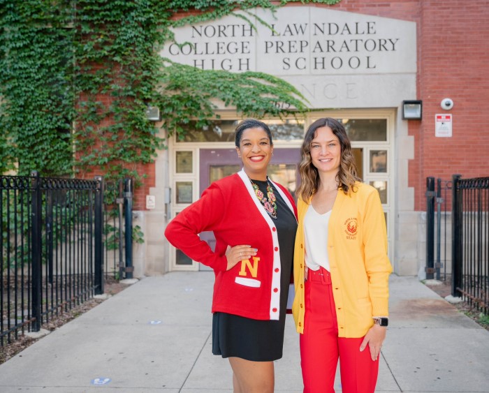 Simunovic and Cunningham-Elder in front of North Lawndale Prep