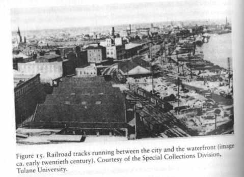 Bird's eye view of the riverfront after primary railroad construction in 1867