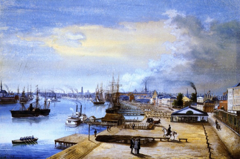 Adrien Persac's perspective of the port of New Orleans, produced in 1858
