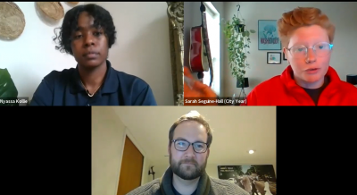 CAC Associate Director Ben Rohde (bottom) moderates the session "Careers for a Cause." Representatives Nyassa Kollie from Peace Corps (left) and Sarah Seguine-Hall from City Year (right) gave advice to students interested in making a difference at the start of their career.