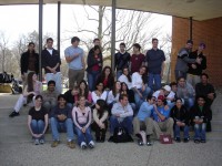 class posed on stairs